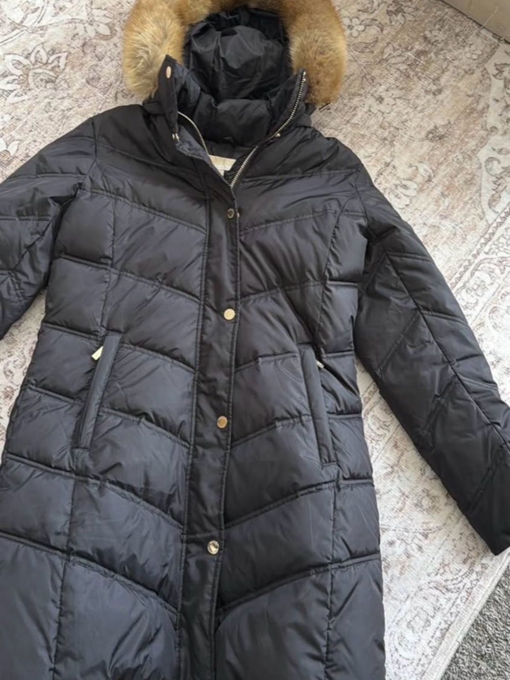 Michael Kors Black Quilted Long Puffer Coat with Faux-Fur Hood Trim